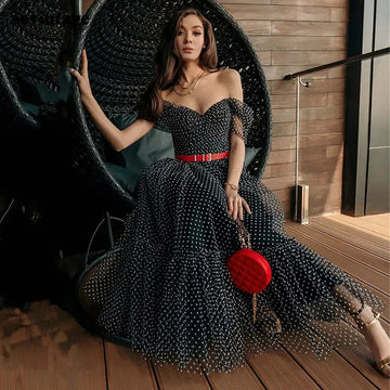 Black Dotted Tulle Short Prom Dresses A Line Off The Shoulder Graduation Dress V-Neck Tea Length Homecoming Gowns Black
