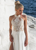 Boho Halter Neck Illusion Chiffon Wedding Dress High Slit Lace Appliques Bride Gowns Open Back Beaded Beach Bridal Gowns