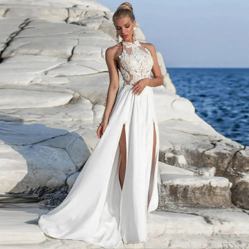 Boho Halter Neck Illusion Chiffon Wedding Dress High Slit Lace Appliques Bride Gowns Open Back Beaded Beach Bridal Gowns Beige