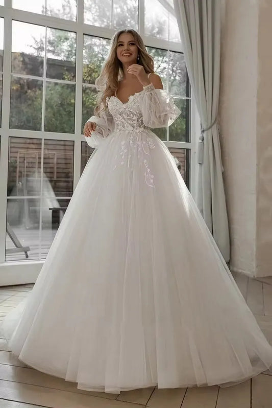 Glitter Wedding Dresses Puff Sleeve Appliques Lace 3D Flowers off Shoulder Tulle Boho Bride Gown vestidos de novia