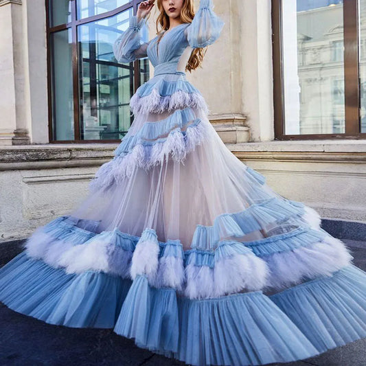 Princess A Line Tiered Feathers Evening Dresses Long Sleeves Transparent Tulle Prom Gowns Modest Women Party Dress