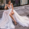 Sexy Beach Wedding Dresses Boho Deep V Neck Backless High Split A Line Lace Appliques Ivory Tulle Bridal Gowns Vestido De Mariee