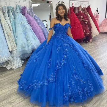 Royal Blue Off-Shoulder Ball Gown Quinceanera Dress Vestidos De 15 Anos Fashion 3D Flower Tulle Princess Party Gown Pink