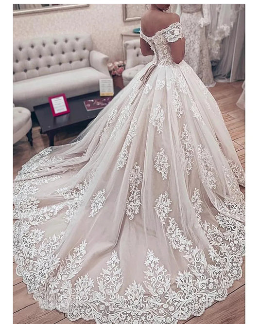 Gorgeous Lace Ball Gown Wedding Dresses Latest Sweetheart Off The Shoulder Appliques Lace Up Back Bride Wedding Gown