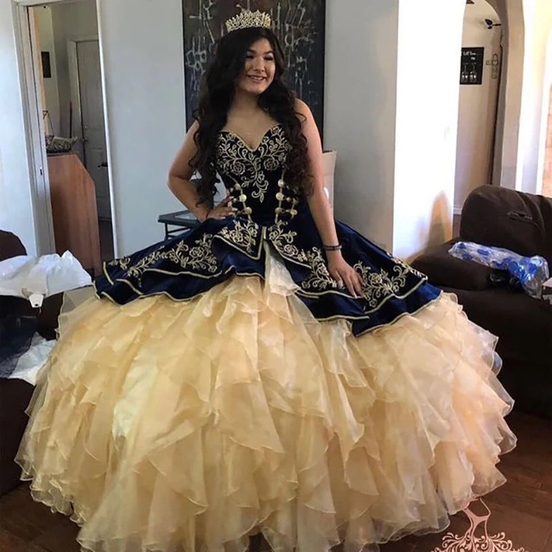 Mexican Burgundy And Gold Quinceanera Dresses Charro Vintage Off The Shoulder Organza Ruffles Vestio De 15 Xv Anos Customized Navy Blue