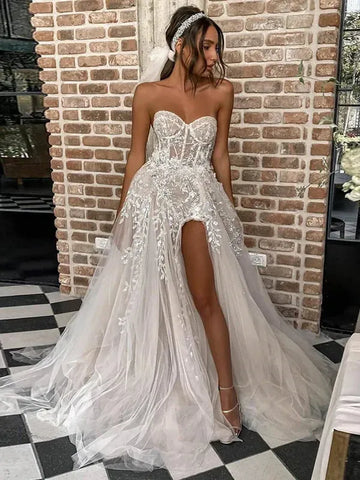 Beach Wedding Dresses For Bride Elegant Lace Boho Wedding Gowns Strapless Sleeveless High Split Princess Bride Dresses Ivory
