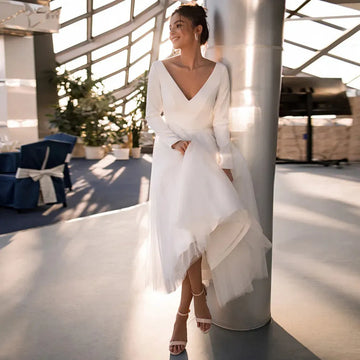 Simple Short Wedding Dress Women Tea Length A-line Long Sleeves White ivory Bridal Bride Gown Satin Tulle Vestidos De Noia Ivory