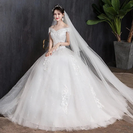 Off The Shoulder Wedding Dress light Appliques Pearls Lace Fashion Wholesale Simple Bride Dress Vestidos De Novia