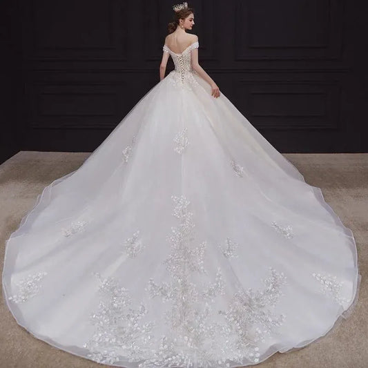 Luxury Handmade Boat Neck Wedding Dress With Train Lace Flower Bridal Dress Elegant Off The Shoulder Ball Gown Robe De Mariee