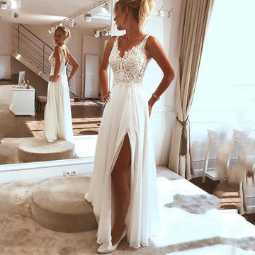 Beach Wedding Dress Side Split Top Lace Boho Bride Dress Sexy Appliques Wedding Gown Custom Made Vestidos De Novia Champagne 14W