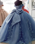 Sweetheart Dusty Blue Quinceanera Dress with 3D Floral Applique Off-Shoulder Vestidos Sweet 16 Dress Bow de soirée