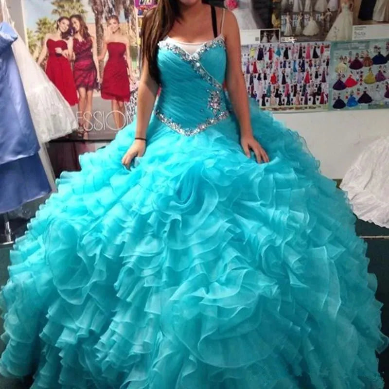 Aqua Organza Baljurk Quinceanera Jurken Ruches Vestidos De 15 Anos Swe