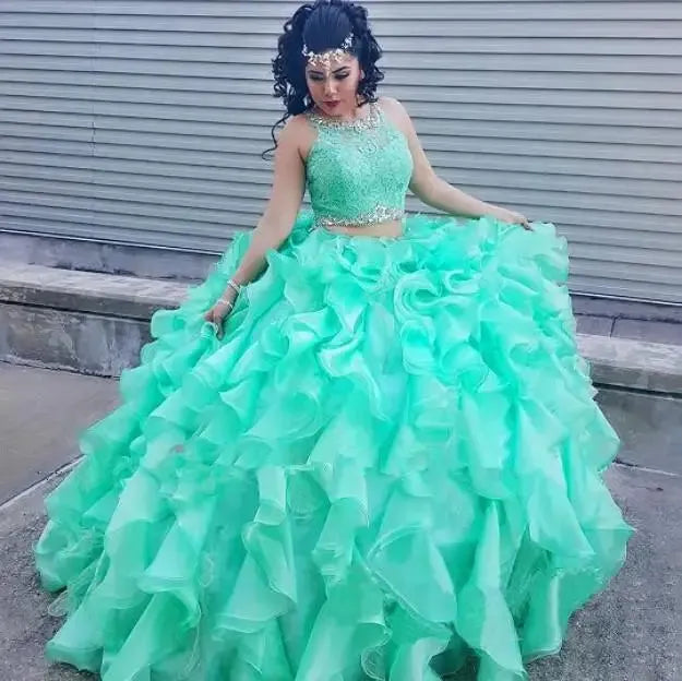 Two Pieces 1960S High Neck Quinceanera Dress Sexy Hollow Zipper Crystal Lace Sweet 16 Dresses Plus Size Vestidos De 15 Anos