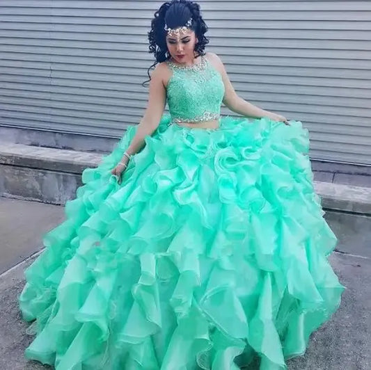 Two Pieces 1960S High Neck Quinceanera Dress Sexy Hollow Zipper Crystal Lace Sweet 16 Dresses Plus Size Vestidos De 15 Anos