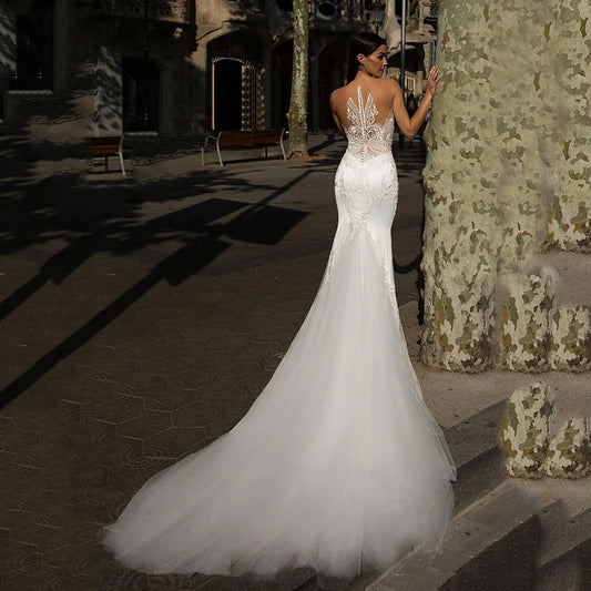 Lace Mermaid Wedding Dresses Sexy V neck Ivory Applique Bridal Gown Custom Made Tull Wedding dress Boho Vestido de noiva