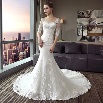 Mermaid Wedding Dress The Bridal Half Sleeve O-neck Court Train Lace Up Trumpet Gown Princess Luxury Wedding Gown F