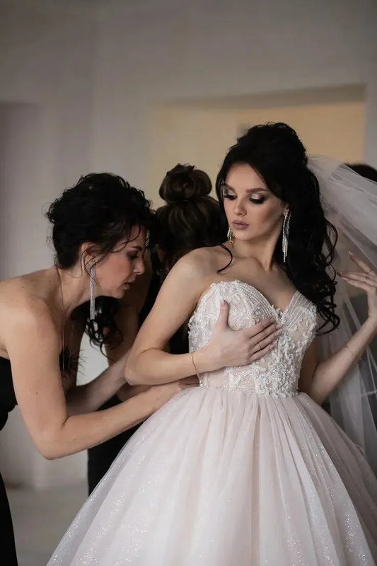 New Ball Gowns Detachable Puff Sleeves Glitter Wedding Dress Appliques Off Shoulder Tulle Boho Bridal Gown As Picture