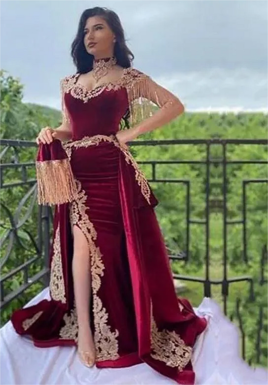 Arabic Mermaid Velvet Evening Dress 4 Pieces Overskirt Split Applique Lace Prom Gowns High Neck Tassel Algerian Outfit