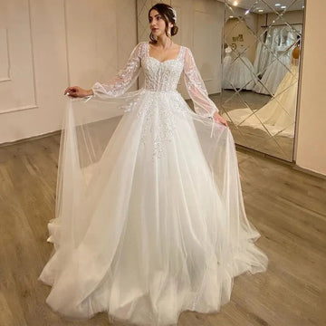 White Wedding Dresses Sweetheart Appliques Bridal Dress Puff Sleeve Tulle A-Line Princess Wedding Gowns Plus Size White
