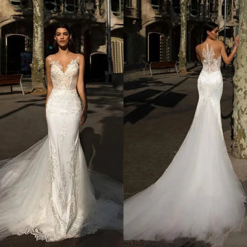 Lace Mermaid Wedding Dresses Sexy V neck Ivory Applique Bridal Gown Custom Made Tull Wedding dress Boho Vestido de noiva Champagne