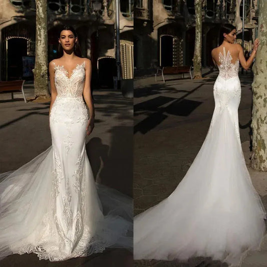 Lace Mermaid Wedding Dresses Sexy V neck Ivory Applique Bridal Gown Custom Made Tull Wedding dress Boho Vestido de noiva Champagne