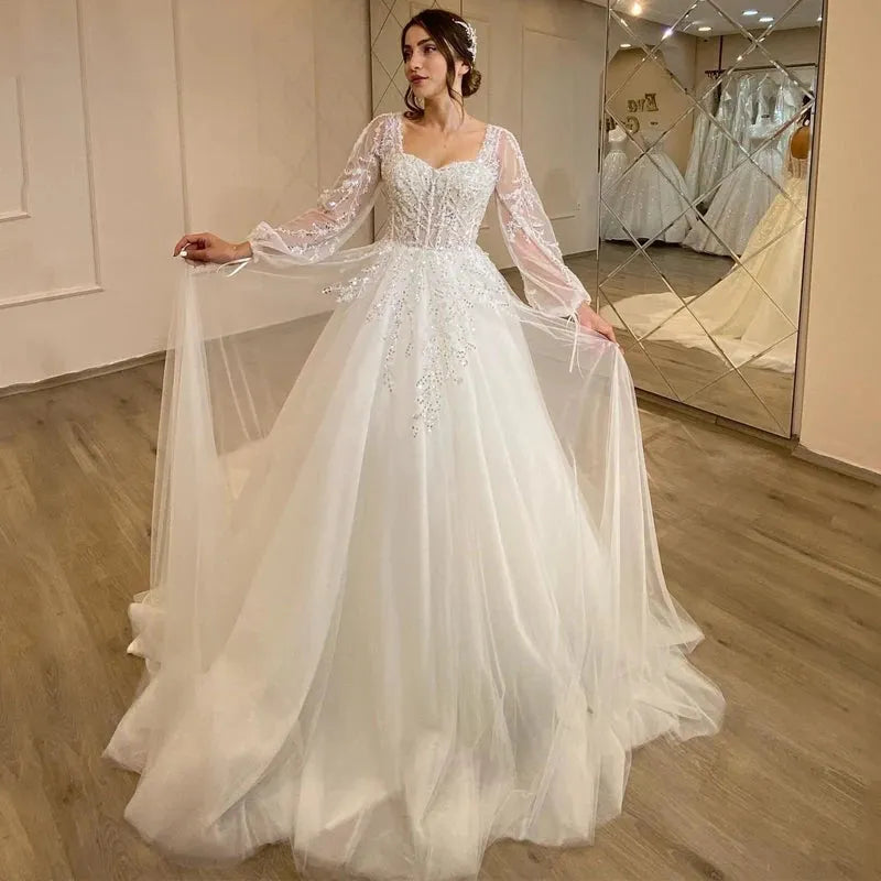 White Wedding Dresses Sweetheart Appliques Bridal Dress Puff Sleeve Tulle A-Line Princess Wedding Gowns Plus Size As Picture