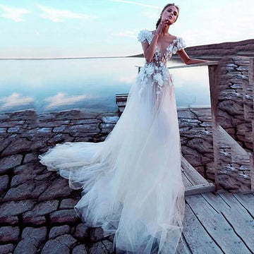 Champagne Boho Wedding Dresses luxury Sexy Backless Princess Bridal Dress Lace Appliques 3D Flowers Beach Long Wedding Gown Ivory