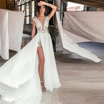 Sexy Deep V-Neck Wedding Dresses Chiffon Side Split Lace Applique Bridal Gown Backless Floor Length Vestido De Novia Custom Made Champagne