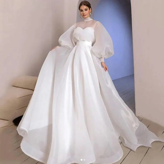 Elegant Halter Neck Organza Wedding Dresses Puff Sleeve Bride Gown Simple And Clean Vestido De Novia White