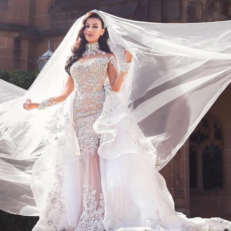 Tulle High-Neck Appliques Detachable-Train Wedding Dress Long Sleeves Glamorous Wedding Dresses Luxury Mermaid Bridal Gowns