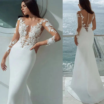 Long Sleeves Mermaid Wedding Dresses White Sexy Illusion Neck Lace Appliques Elegant Bridal Dress Gowns Beach Vestidos De Noiva White