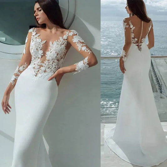 Long Sleeves Mermaid Wedding Dresses White Sexy Illusion Neck Lace Appliques Elegant Bridal Dress Gowns Beach Vestidos De Noiva White