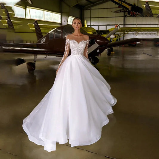 Sheer Neck with Heavy Crystals Long Sleeves White Wedding Dress Organza and Tulle A-line Bling Bridal Dress White