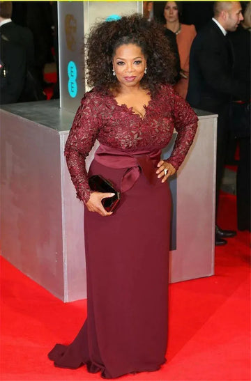 Long Sleeves Red Carpet Dresses Plus Size Oprah Winfrey Sheath Celebrity Dress Empire Top Lace Formal Prom Gowns As Picture