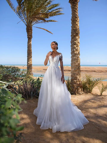 Graceful Bohemian Wedding Dress Sheer Long Sleeve Lace Appliqued Bride A Line Tulle Bridal Gowns Robe Custom Vestido De Novia