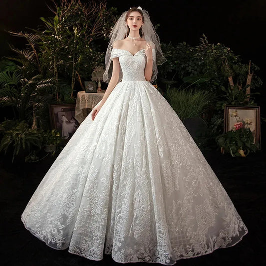 Wedding Dress Vestido De Noiva Elegant Boat Neck Wedding Gown With Train Princess Luxury Lace Robe De Mariee