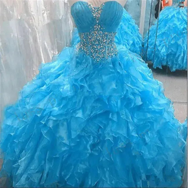 Sweetheart Organza Ball Gown Quinceanera Dresses Crystals Sweet 16 Dresses Vestido Debutante Gowns Plus Size Blue