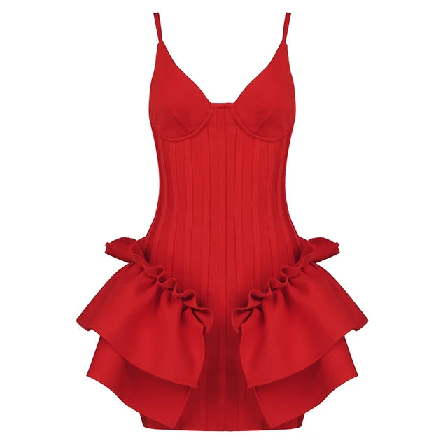 Free Shipping New Bandage Dress Women Spaghetti Strap V-Neck White Ruffles Night Club Sexy Celebrity Party Bodycon Mini Dresses Red