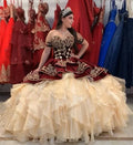 Mexican Burgundy And Gold Quinceanera Dresses Charro Vintage Off The Shoulder Organza Ruffles Vestio De 15 Xv Anos Customized