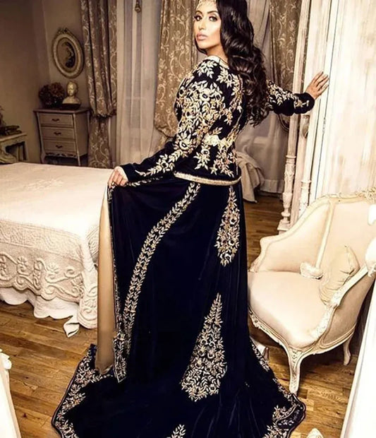 Mermaid Traditional Algerian Dress Velvet Long Sleeve Outfit Applique Lace Chalka Prom Gowns Muslim Formal Party