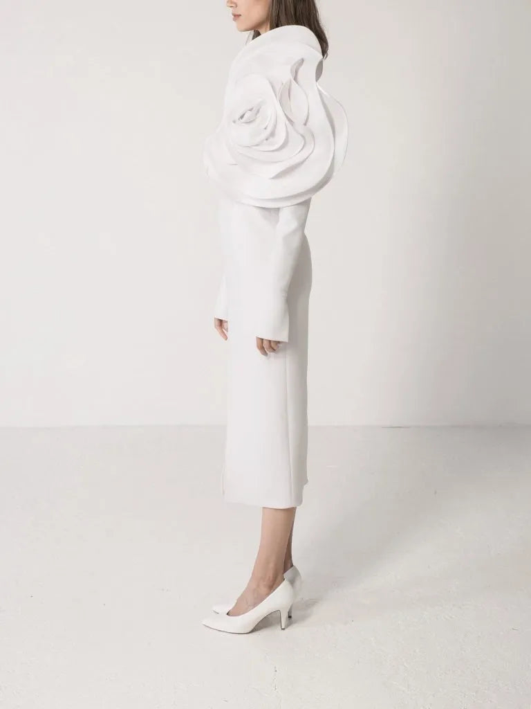 Vintage White Mermaid Prom Dresses Pleat 3D Flower Evening Dresses Square Neck Tea-Length Long Slit Prom Gown