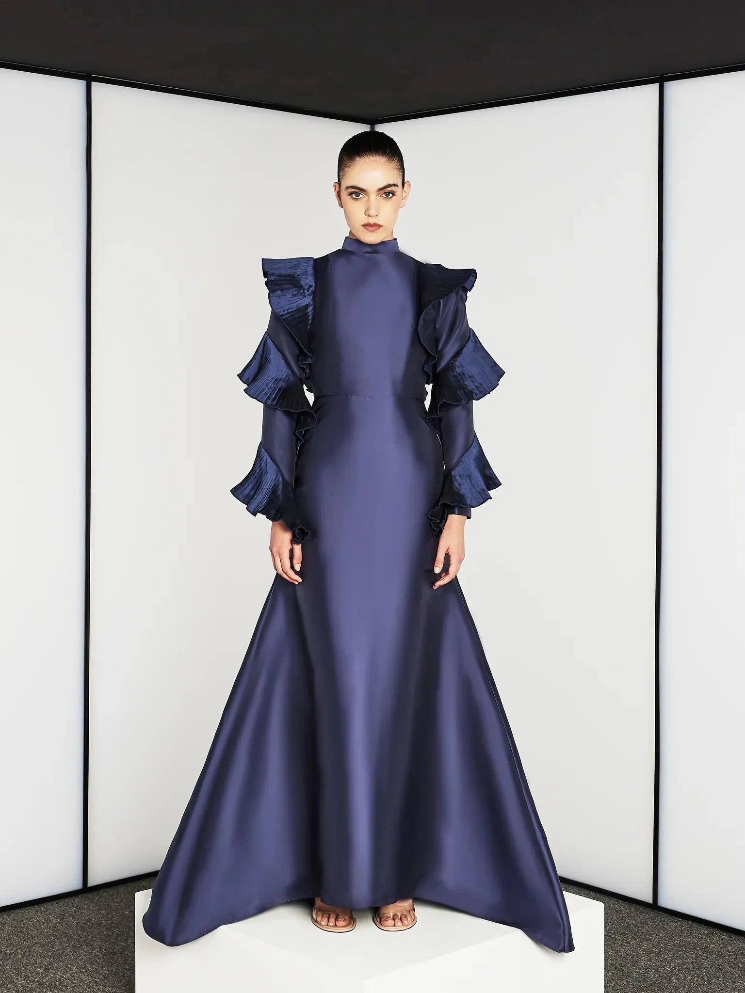 Navy Blue Satin Mermaid Evening Dress with Long Sleeves and Wave Fold