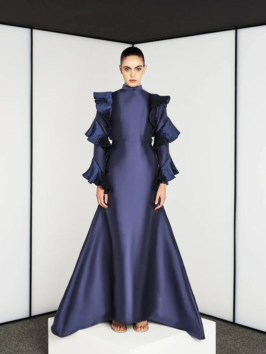 Navy Blue Long Sleeves Evening Dresses Mermaid Satin Prom Gowns Wave Fold Formal Occastion Muslim Party Night Dress