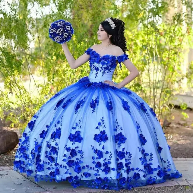 Royal Blue Beaded Pearls 3D Flowers Quinceanera Dresses Off The Should
