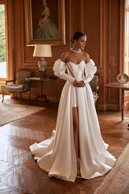 Elegant Satin Wedding Dresses Detachable Long Sleeves Mini Lining Leg Slit Formal Bridal Gowns Long Train Wedding Gowns White