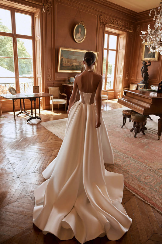 Elegant Satin Wedding Dresses Detachable Long Sleeves Mini Lining Leg Slit Formal Bridal Gowns Long Train Wedding Gowns