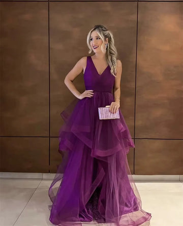 Purple V-neck vestidos de noche A-line Tulle Prom Dresses Elegant Sleeveless Dimensional Floor-Length Graduation Ceremony