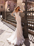 Gorgeous Lace Applique Vestido De Novia With Detachable Train Sexy Lace Mermaid Sheer Mesh Top Bridal Plus Size Wedding Dress