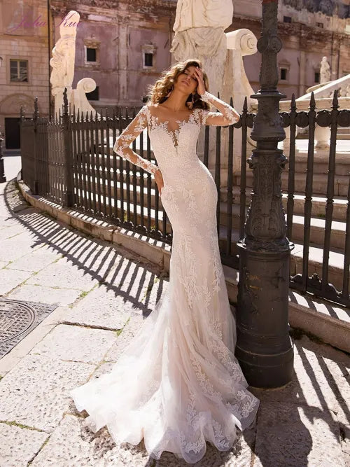 Gorgeous Lace Applique Vestido De Novia With Detachable Train Sexy Lace Mermaid Sheer Mesh Top Bridal Plus Size Wedding Dress