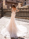 Gorgeous Lace Applique Vestido De Novia With Detachable Train Sexy Lace Mermaid Sheer Mesh Top Bridal Plus Size Wedding Dress